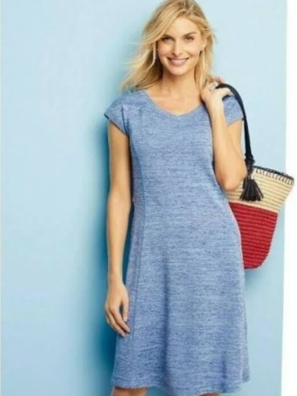 Talbots Blue Fit and Flare Summer Short Sleeve Dress, Large
